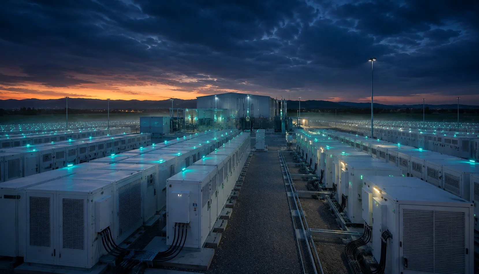 Industrial Battery Energy Storage Facility at Dusk - Integrow