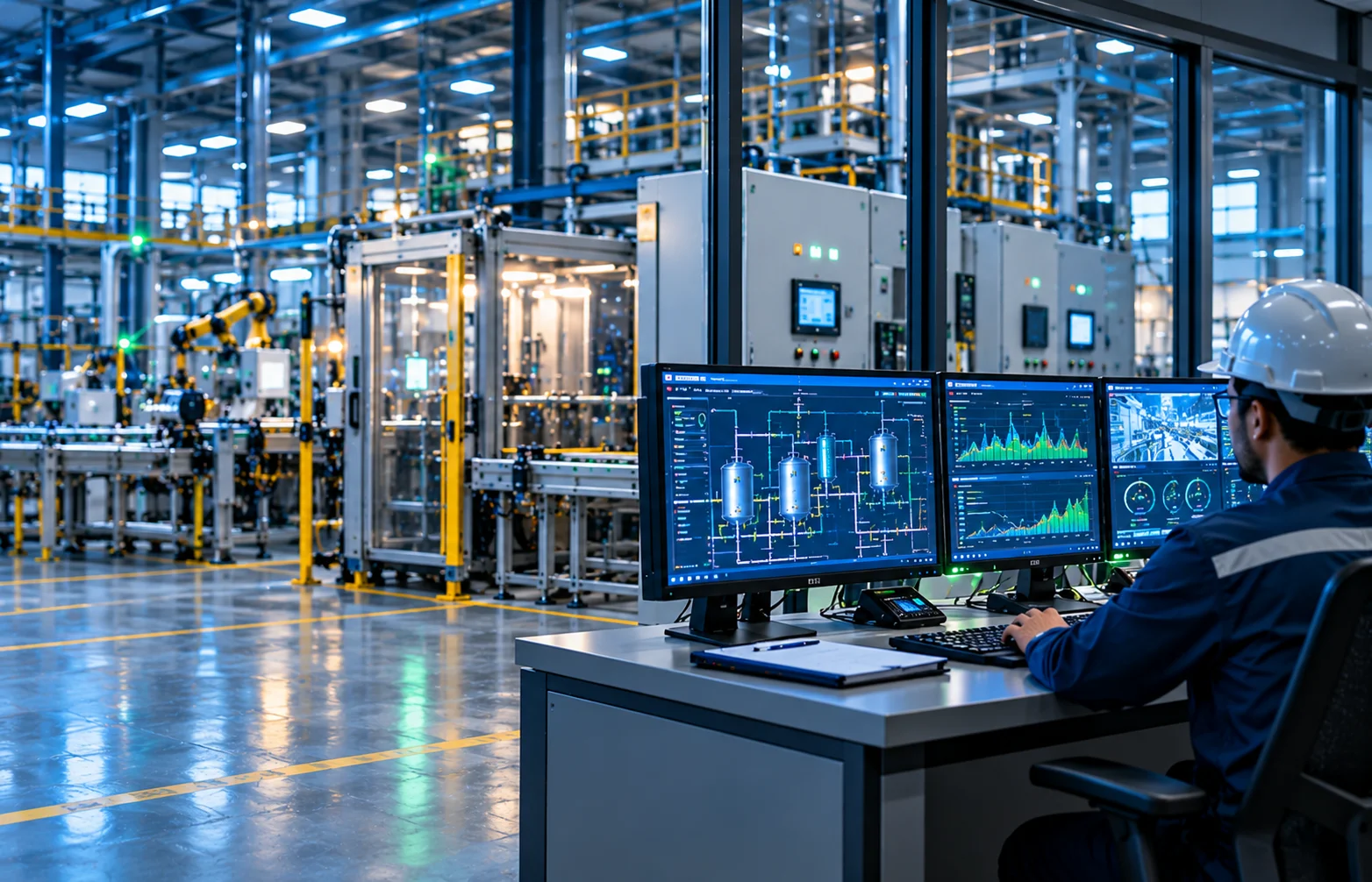 Modern industrial SCADA control room with HMI monitoring systems