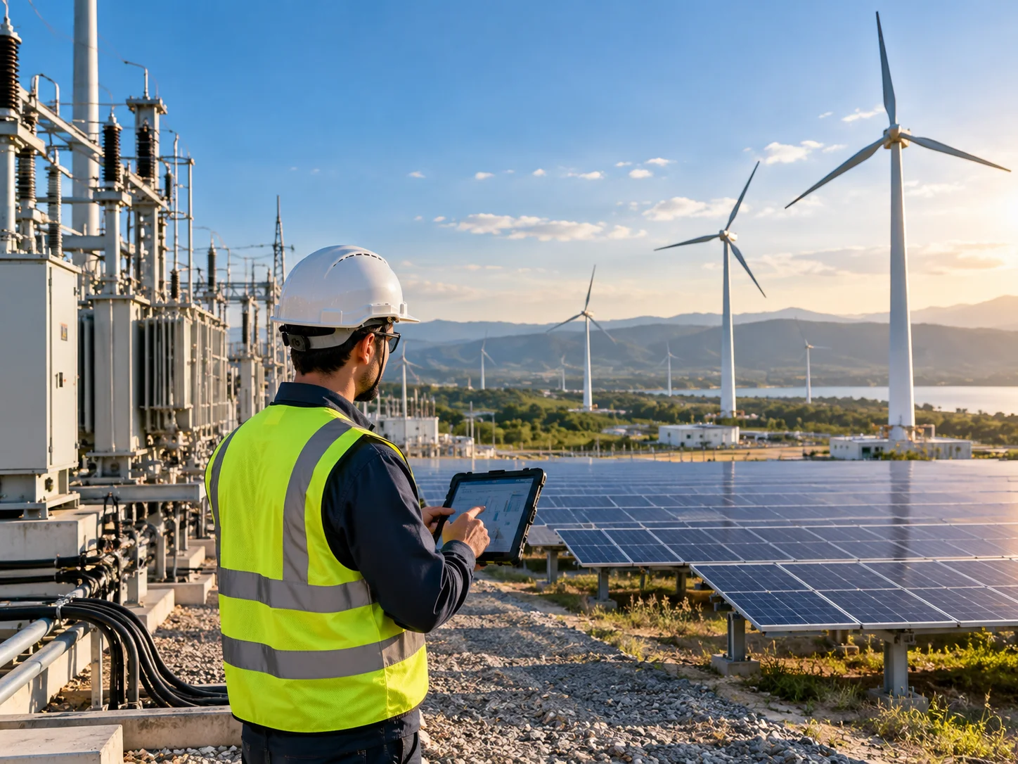 Renewable energy engineer monitoring wind and solar assets