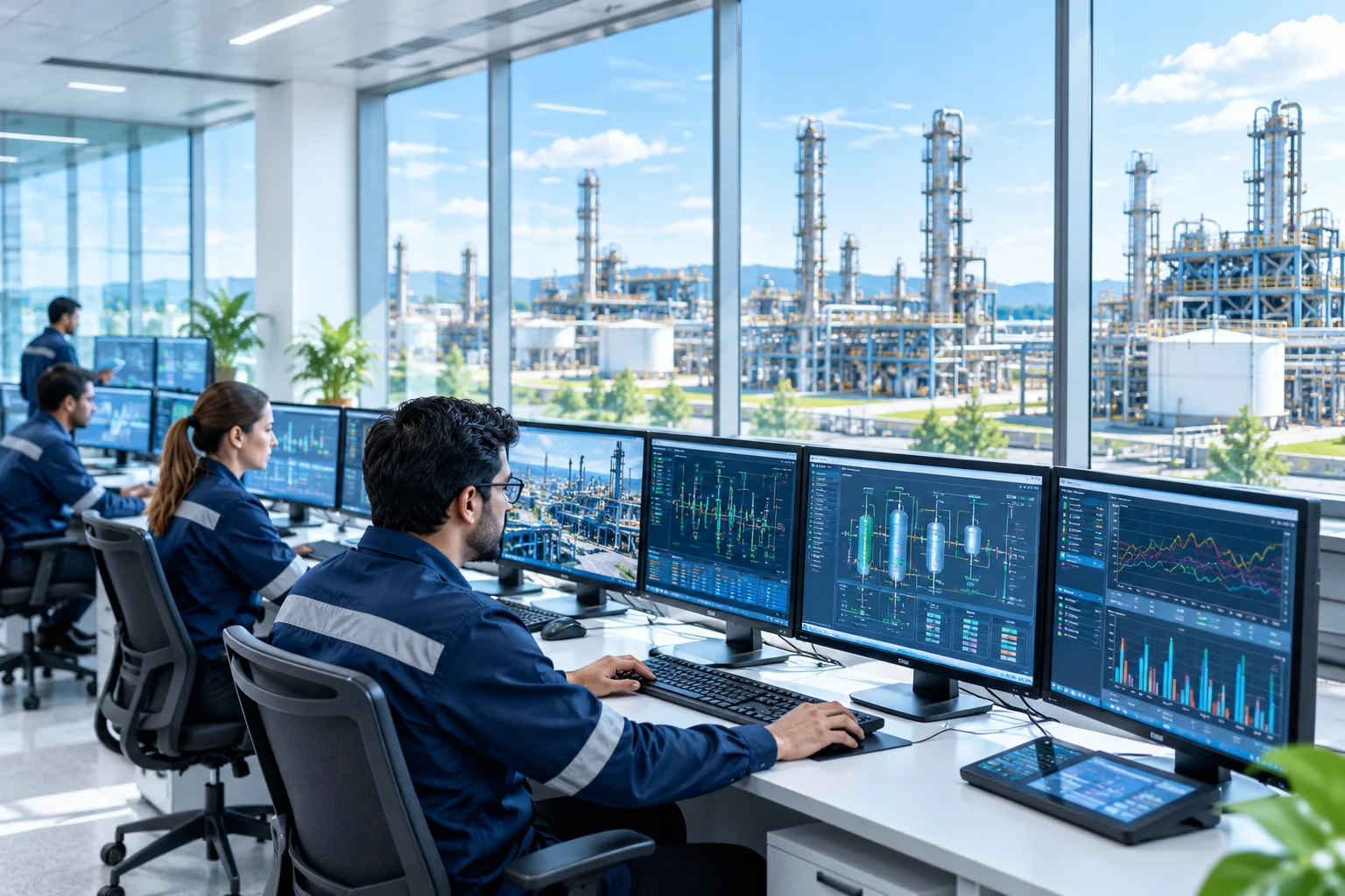 Modern industrial control room connecting SCADA, HMI, historians and industrial data