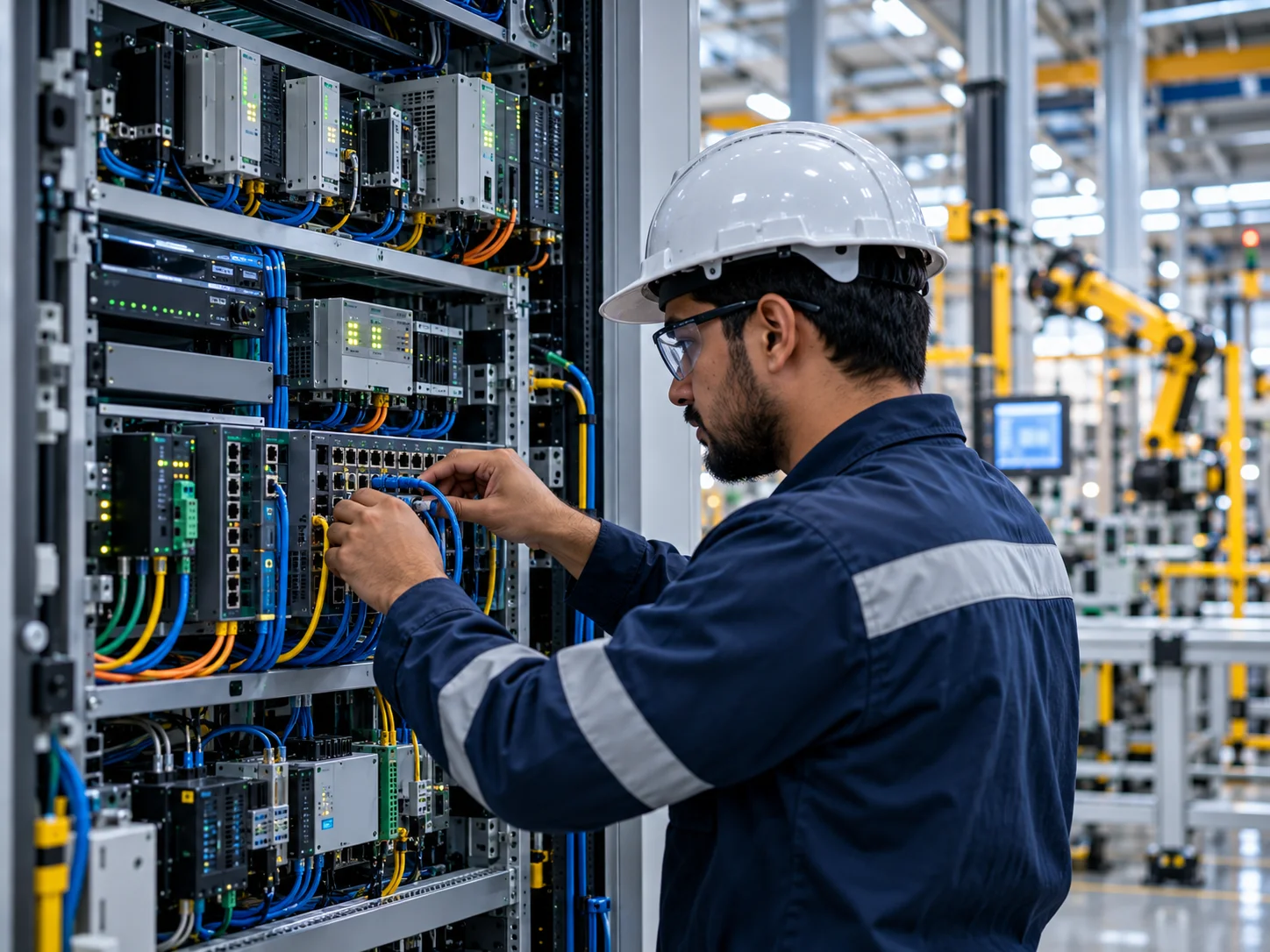 Engineer securing industrial network infrastructure